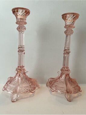 Pair of Pink Pressed Glass Candlesticks